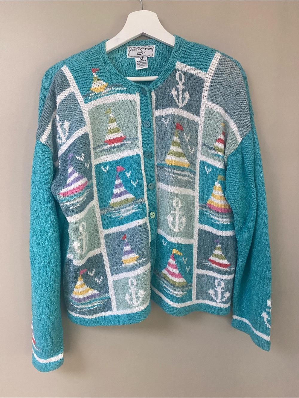 Vintage Teal knit Nautical Sail Boat Cardigan Sweater medium